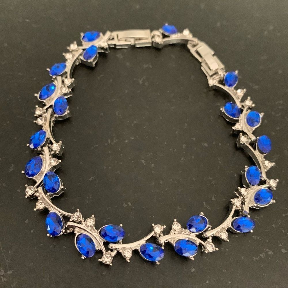 Something Blue Vine & Leaf Bridal Bracelet with CZ Crystals in Silver Tone Metal